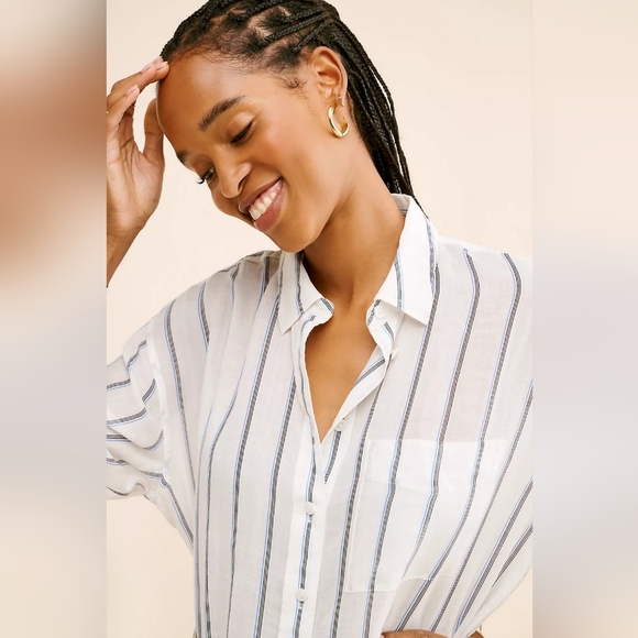 Madewell OG Sheer Oversized Striped White and Blue Button-Up Shirt - Picture 3 of 11